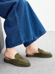 CUCCOO BIZCHIC 女士时尚绿色绒面舒适一脚蹬平底穆勒鞋，百搭平底乐福鞋，适合户外、工作、日常穿着 - 軍綠色 - 查看 9
