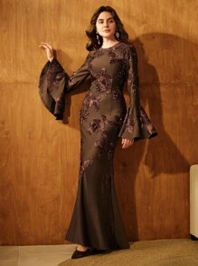 Anewsta 浪漫优雅腰部收腰刺绣花朵喇叭袖连衣裙 - 咖啡 - 查看 6