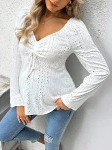 SHEIN 孕妇休闲镂空刺绣修身前抽绳长袖T恤，秋季 - 白色 - 查看 5