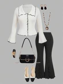 SHEIN MOD Cárdigan acampanado de manga con textura acanalada en color albaricoque, talla grande, para otoño/invierno - Albaricoque - Ver 1