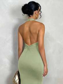 Glamine Backless Long Casual Dress With Neck Twist Design Maxi Women Outfit - Mint Green - View 2