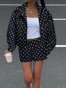 Muchica 2025 秋季女款黑白波点印花长袖拉链夹克和短裤休闲宽松两件套，Y2K 返校 2000 年代街头服饰、垃圾摇滚和朋克时尚 - 黑與白 - 查看 6
