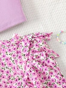 Tween Girl Matching Casual Minimalist Comfortable Round Neck Sleeveless Top And Ruffle Hem Skirt 2 Pieces Set - Mauve Purple - View 5