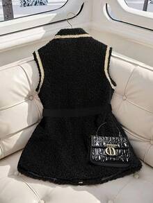 Franclia Chaqueta elegante sin mangas de solapa con ribete de cinta para mujer - Negro - Ver 2