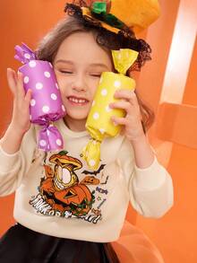 GARFIELD | SHEIN Young Girls' Khaki Sweatshirt With Cartoon Cat And Pumpkin Candy Patterns, Suitable For Autumn, Winter And Halloween - Khaki - View 8