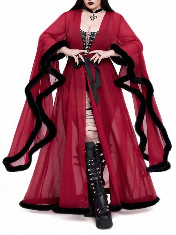 SHEIN Whyspr Goth Punk Gothic Halloween Dark Exaggerated Contrast Color Elegant V-Neck Plus Size Sleeve Cinched Waist Maxi Length Burgundy Robe Style Plus Size Jacket