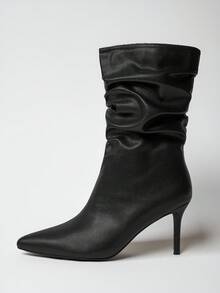 SHUZIA Botas femininas sensuais de salto agulha com bico fino e cano médio em PU, pretas - Preto - Ver 5