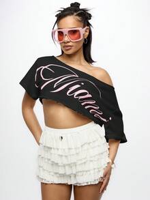 SUMWON WOMEN Off Shoulder Raw Edge Cropped Graphic Tee Alternative Festival Clothing Ruffled Distressed Aesthetic Y2K Fashion Edgy Club Party Wear