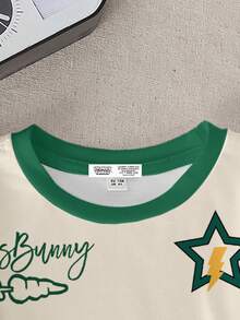 LOONEY TUNES X SHEIN 男童圆领短袖夏季舒适休闲卡通可爱运动学院条纹星星字母图案T恤 - 白色 - 查看 3