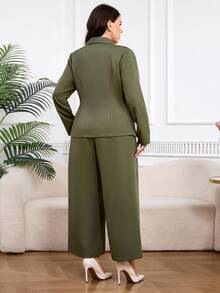 Modelyn 加大码女式两件套可调节腰部西装外套和阔腿裤套装秋冬装 - 軍綠色 - 查看 2