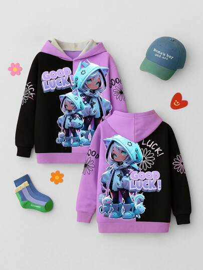 Sudadera con capucha de estilo deportivo casual con estampado digital 3D "Lucky Gamer Girl" para niñas preadolescentes, cómoda para otoño/invierno