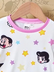 Astro Boy X SHEIN 2pcs Young Girl Star & Cartoon Figure Graphic Round Neck Short Sleeve Top And Leggings Knit Tight Pajama Set - White - View 3