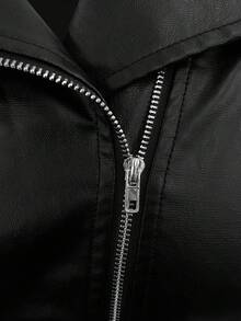 SHEIN Clasi Áo khoác xe máy nữ thanh lịch có khóa kéo phía trước bằng da PU trơn màu cỡ lớn - màu đen - Xem 4