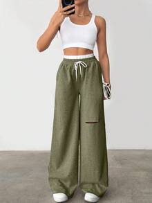 CasuGlow Drawstring Waist Cut Out Casual Sweatpants - Olive Green - View 3