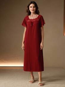 Anewsta Women's Ruffle Lace Loose Nightgown, Simple & Fashionable For Everyday Casual Wear - Burgundy - View 1