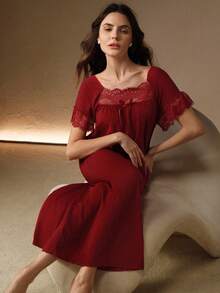 Anewsta Women's Ruffle Lace Loose Nightgown, Simple & Fashionable For Everyday Casual Wear - Burgundy - View 7