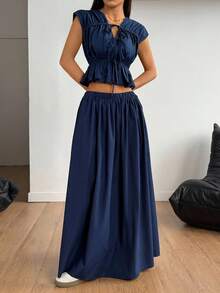 SHEIN PETITE Women's Solid Color Tie Front Ruffle Hem Top And Skirt 2 Pieces Set ,Petite Women - Navy Blue - View 7