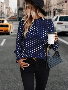 EMERY ROSE 女士休闲波尔卡圆点印花长袖衬衫 - 寶藍色 - 查看 4