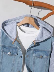 SHEIN Mirajuku Casual Fashion Simple Patchwork Denim Hoodie Jacket For Tween Boys, Loose Fit, Comfortable, Versatile, Suitable For Autumn, Spring, Winter, Daily Wear, Commuting, Outdoor, School, Streetwear, Party, Photography Fall - Multicolor - View 3