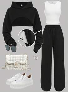 Girlism 少女黑色基本款运动休闲长袖短款连帽运动衫、白色基本款运动背心和黑色休闲运动裤套装 3 件套，开学季，户外运动服，运动服，秋季服装，演唱会服装