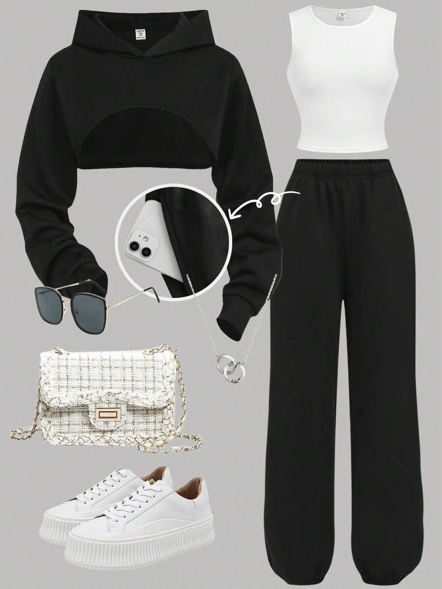 Girlism 少女黑色基本款运动休闲长袖短款连帽运动衫、白色基本款运动背心和黑色休闲运动裤套装 3 件套，开学季，户外运动服，运动服，秋季服装，演唱会服装