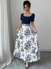 Selianne 女士优雅修身腰系带旗袍式印花短袖连衣裙 - 藏蓝色 - 查看 6