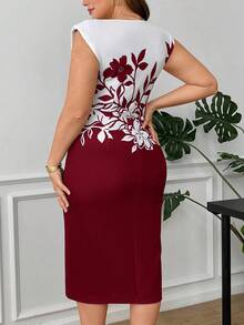 Reflora Gaun Musim Panas Wanita Ukuran Besar, Gaun Mini Bodycon Bermotif, Gaun Pas Badan yang Elegan - Burgundy - View 2