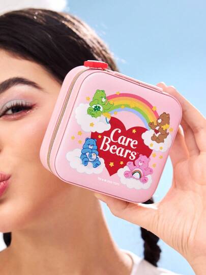 SHEIN X Care Bears 1 件卡通图案 PU 皮革便携式旅行珠宝收纳盒，带 3 个项链挂钩、戒指隔层和其他储物隔层，适合家庭整理、旅行、通勤，适合女性、青少年、欢呼熊、温柔熊、睡前熊、好运熊