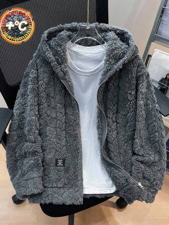 SHEIN Tween Boys Hoodie Casual Sports Wheat Texture Fuzzy Zip-Up Jacket, Suitable For Commuting, School, Everyday Casual, Travel, Sports, Autumn/Winter, Gray Jacket Boys Hooded Jacket Grey Zip Up Hoodie Gray Teddy Jacket Boys Grey Fuzzy Jacket Teen Grey Plush Jacket Fall