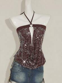 SHEIN ICON 女式亮片垂坠领上衣，复古 Y2K 风格性感透视网眼露背亮片衬衫，修身版型 - 棕色 - 查看 3