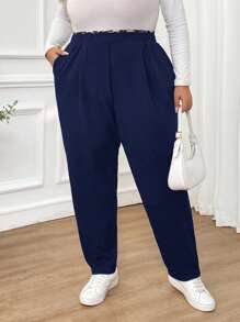 SHEIN CURVE+ Plus Size Women's Autumn And Winter Fashion Casual Comfortable Leopard Print Stitching Elastic Waist Pocket Black Pants,Women Bottom,Fall Women Clothes,Work Pants,Teacher Clothes,Curv Pants,Office Wear,Business Casual Women - Navy Blue - View 7