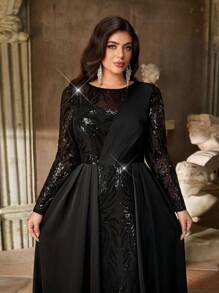 Aureia Đầm dạ hội cỡ lớn dành cho mùa thu đông, thanh lịch, lãng mạn, lộng lẫy, màu đen đính sequin, chất liệu satin, cổ tròn, tay dài xếp ly bất đối xứng, dáng ôm đuôi cá, thích hợp cho tiệc tối, tiệc độc thân, hẹn hò, kỳ nghỉ, lễ hội âm nhạc, mùa tựu trường, đám cưới, sự kiện, ngày Valentine. - màu đen - Xem 6