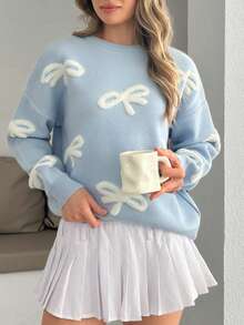 Cloudara 蝴蝶结刺绣淡蓝色毛衣/糖蝴蝶结针织毛衣 - 淺藍色 - 查看 6