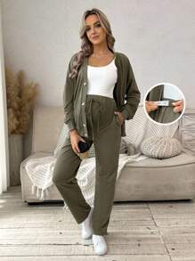 SHEIN 孕妇休闲针织开衫外套和抽绳裤套装 - 軍綠色 - 查看 1