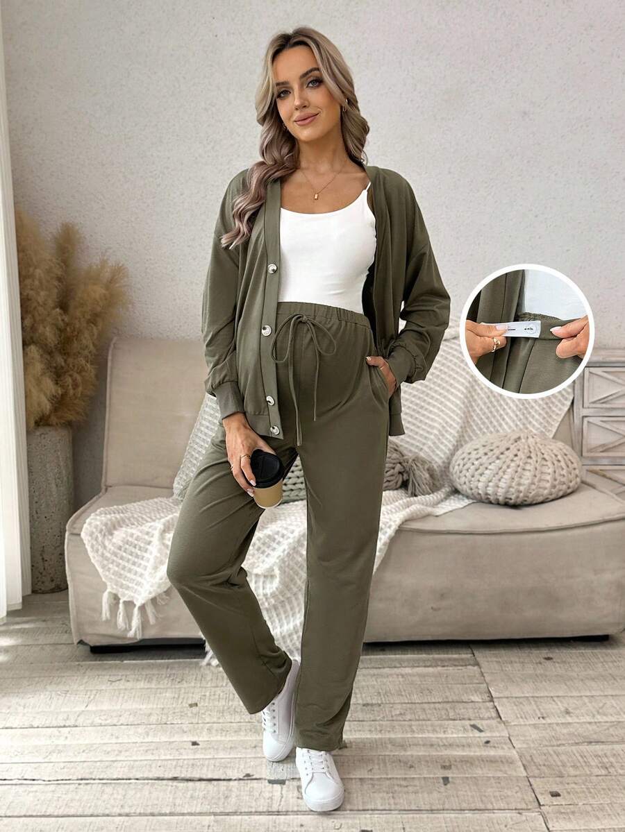 SHEIN 孕妇休闲针织开衫外套和抽绳裤套装 - 軍綠色 - 查看 1