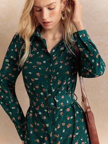 Écloséra 时尚休闲法式复古碎花衬衫领腰带装饰长袖春秋女装 - 墨綠色 - 查看 2