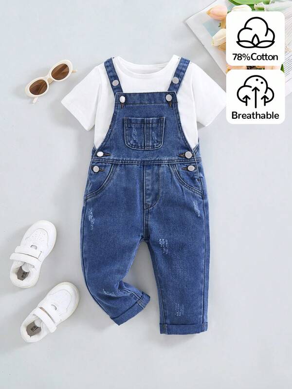 SHEIN Baby Girls Cute Loose Fit Blue Denim Overallsgirl Fall And Winter Clothes,Street Cool Style Denim Clothes