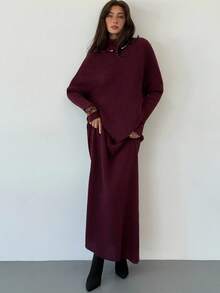 Aloruh 紫色针织两件套 新款冬季加厚女士毛衣裙宽松两件套 - 紫色 - 查看 7