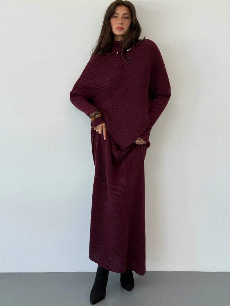 Aloruh Purple Knitted 2pcs Set New Winter Thick Women Sweater Skirt Loose Two Pieces Set,Fall,Christmas Sweater - Purple - View 6