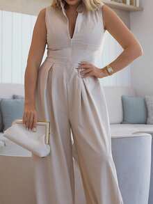 Extreme Wide Leg Zip Front Sleeveless Jumpsuit - Apricot - View 5