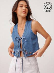 WESTFADE 夏季棉质牛仔 V 领可爱蝴蝶结前部无袖乡村西部春季花卉刺绣宽松短款背心上衣女牛仔竞技表演 - 中等水洗藍 - 查看 2