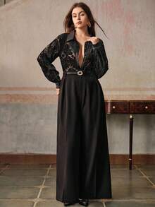 Anewsta 大码女式天鹅绒烧花设计宽松复古休闲衬衫，黑色上衣，情人节 - 黑色 - 查看 5