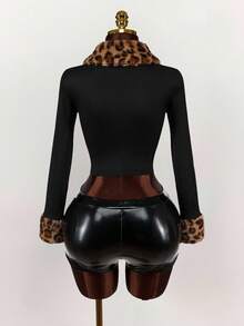 Amplova Women's Spring & Autumn Leopard Print Panel Fleece Lapel Long Sleeve Zip Front Fitted Jacket - Black - View 2