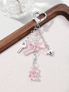 ROMWE Kawaii 1 chiếc móc khóa & móc chìa khóa bằng nhựa DIY hình trái tim rỗng, ngôi sao, cây, nơ, gấu bông bằng bạc tối giản, phụ kiện đa năng cho bé gái/phụ nữ, thích hợp để đeo hàng ngày hoặc làm quà tặng - Hồng - Xem 7