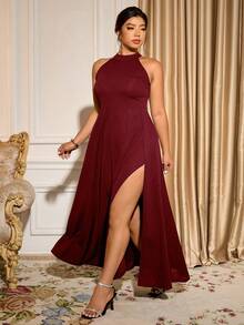 Cravure 性感露背高开叉长裙，黑色无袖挂脖修身晚礼服，夏季新款欧美时尚露背无袖开叉下摆酒会礼服 - 酒紅色 - 查看 6