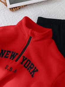 SHEIN Young Girl Cute Letter Printed Stand Collar Fluffy Top & Elastic Waist Long Pants Set Fall Winter - Red - View 5