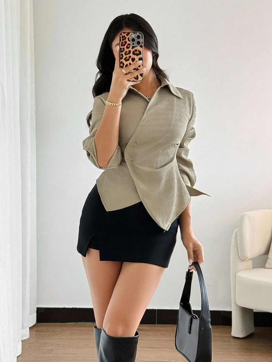 Modelyn Women's Solid Color Cross Wrap Asymmetric Hem Long Sleeve Shirt Office Blouse Business Casual Woman Blouse