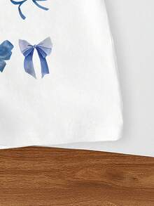 SHEIN Áo thun in hình nơ xanh tay ngắn cho bé gái tuổi teen sáng tạo và thẩm mỹ, phù hợp cho các buổi đi chơi và tạo phong cách dễ thương cho bé gái tuổi teen, mùa hè - trắng - Xem 5