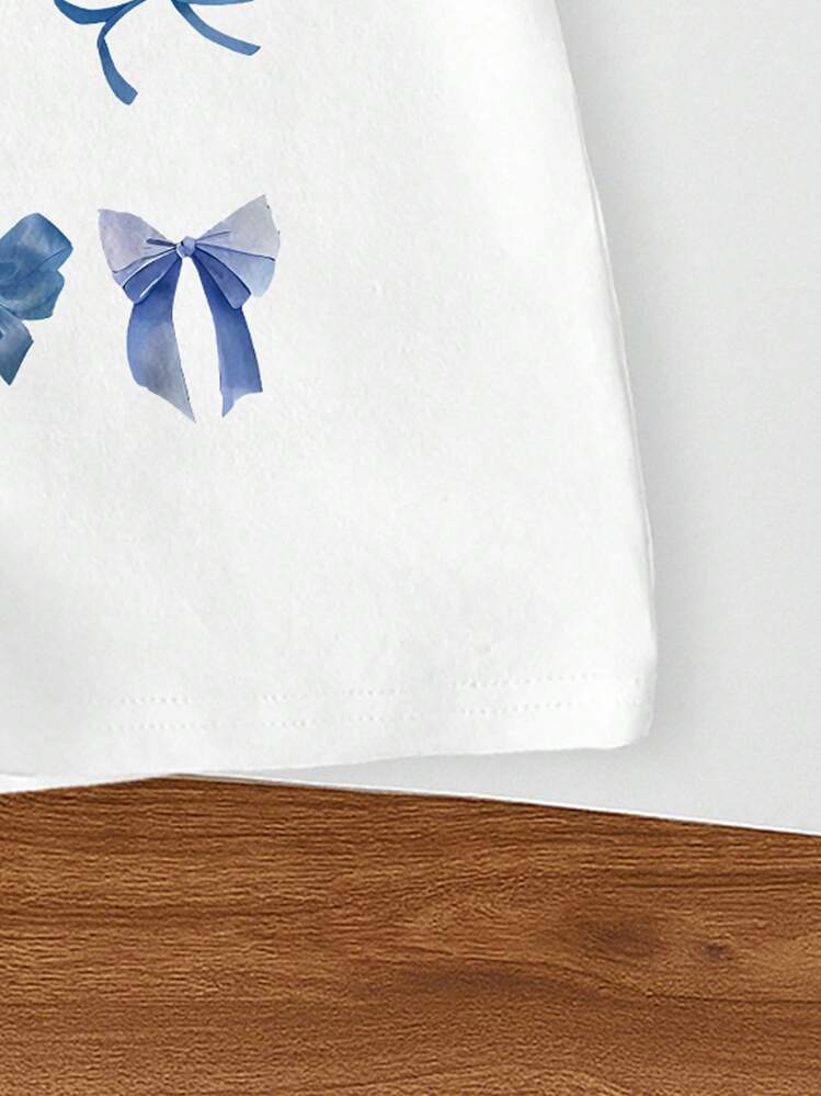 SHEIN Tween Girl Short Sleeve Blue Bow-Knot Creative & Aesthetic Print T-Shirt, Suitable For Outings And Creating A Cute Teenage Girl Look, Summer - White - View 5