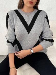 Elenzga 大码女式休闲时尚修身圆领长袖提花针织套头衫，秋冬 - 灰色 - 查看 1